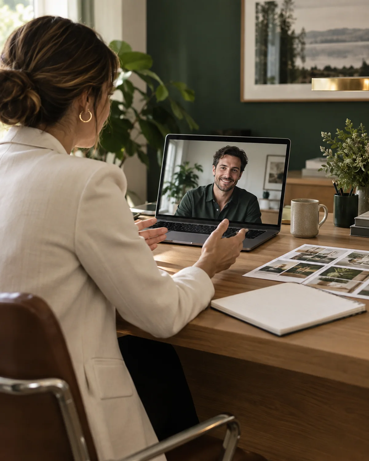 Illustrative scene of a consultant on a video call, with campaign planning materials on her desk