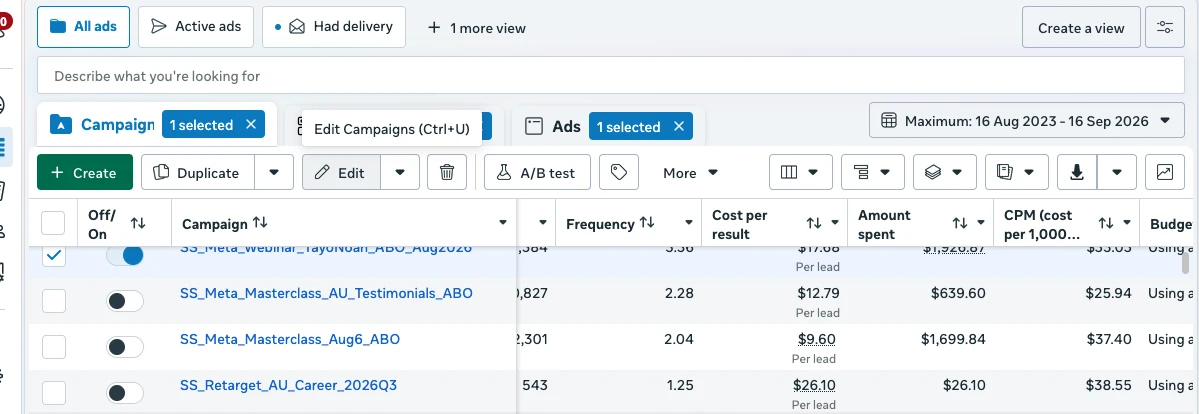 Meta Ads Manager for SyncSkills showing four lead campaigns with cost per lead between $9.60 and $26.10